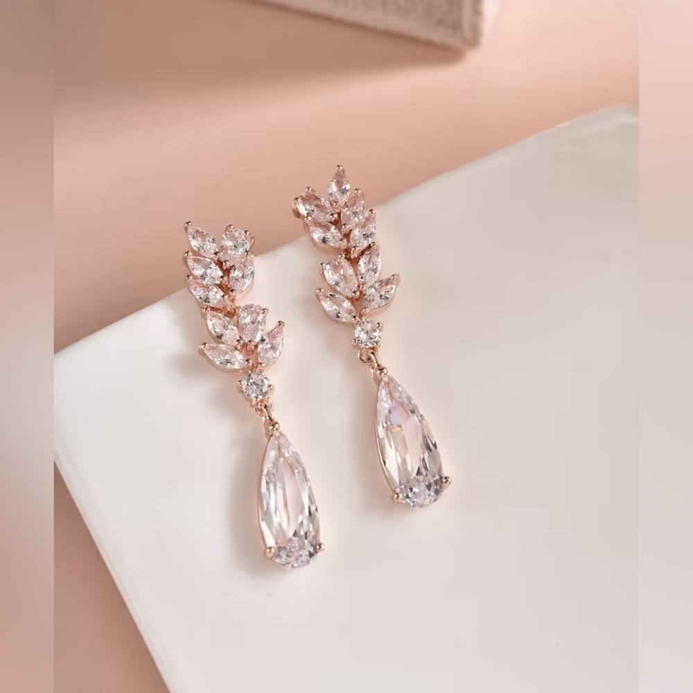 Rose Gold Diamond Tear Drop Leaflet Earrings
